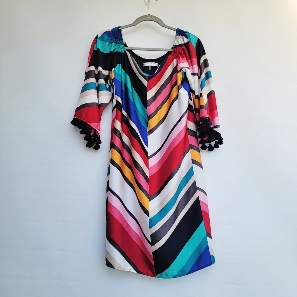 Trina Turk Amaris Jet Set Chevron Dress Size Medium Colorful Tassel Resortwear